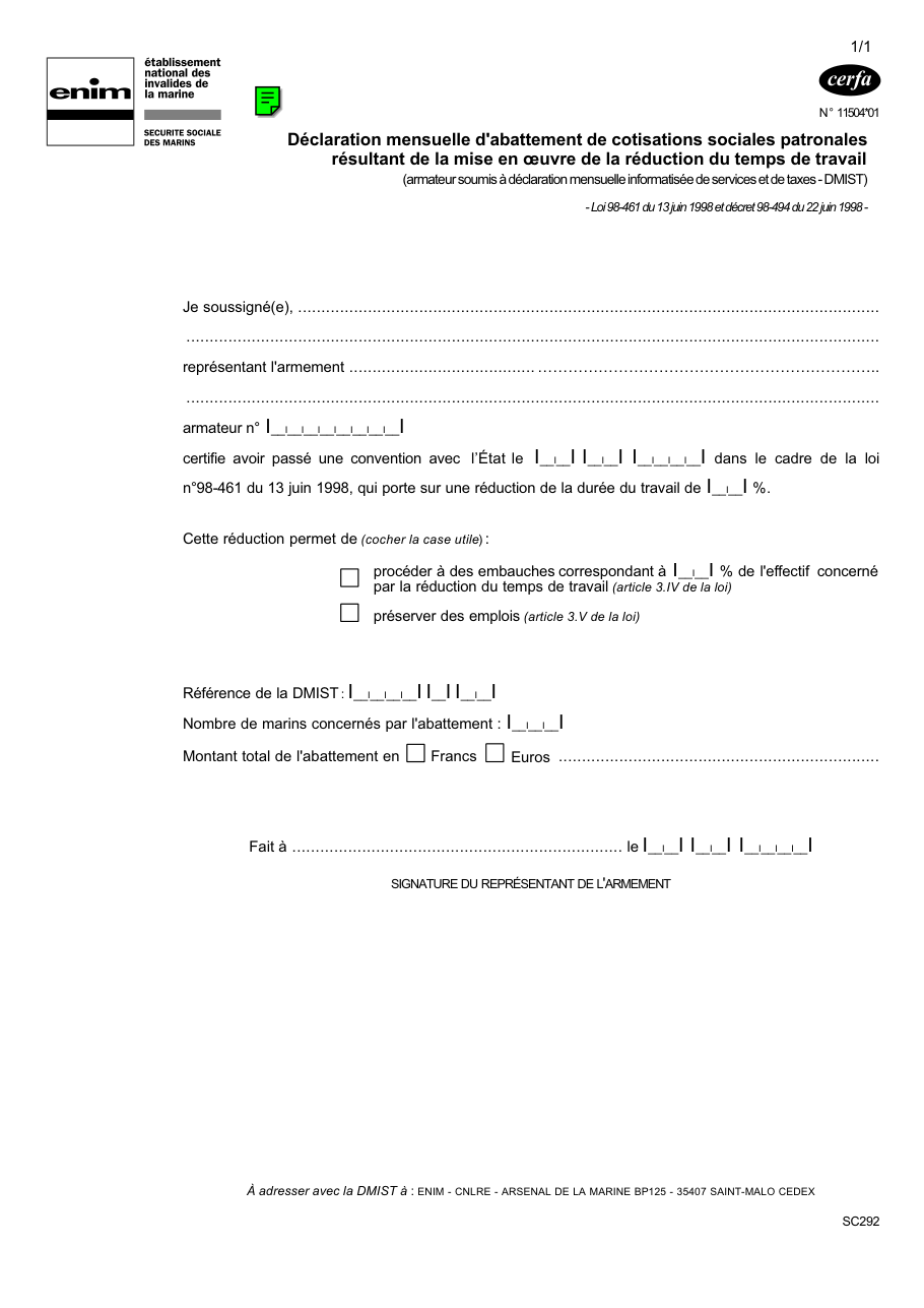 Page 1 du formulaire cerfa 11504 — Déclaration mensuelle d'abattement de cotisations sociales patronales