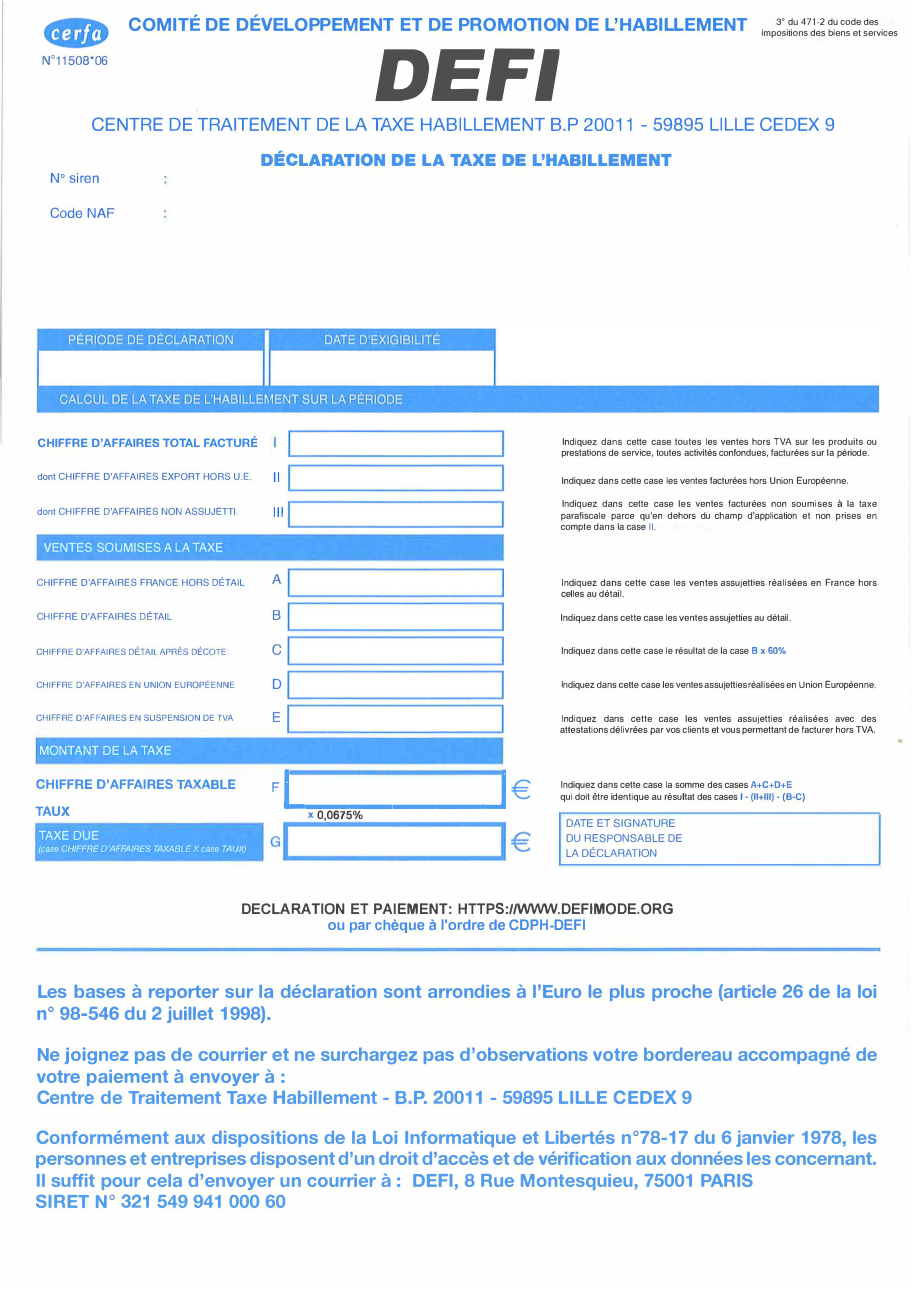 Page 1 du formulaire cerfa 11508 — Déclaration de la taxe de l'habillement (DEFI)