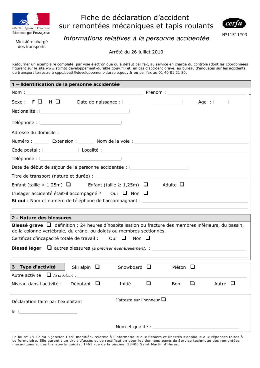 Page 1 du formulaire cerfa 11511 — Fiche de déclaration d'accident sur remontées mécaniques et tapis roulants