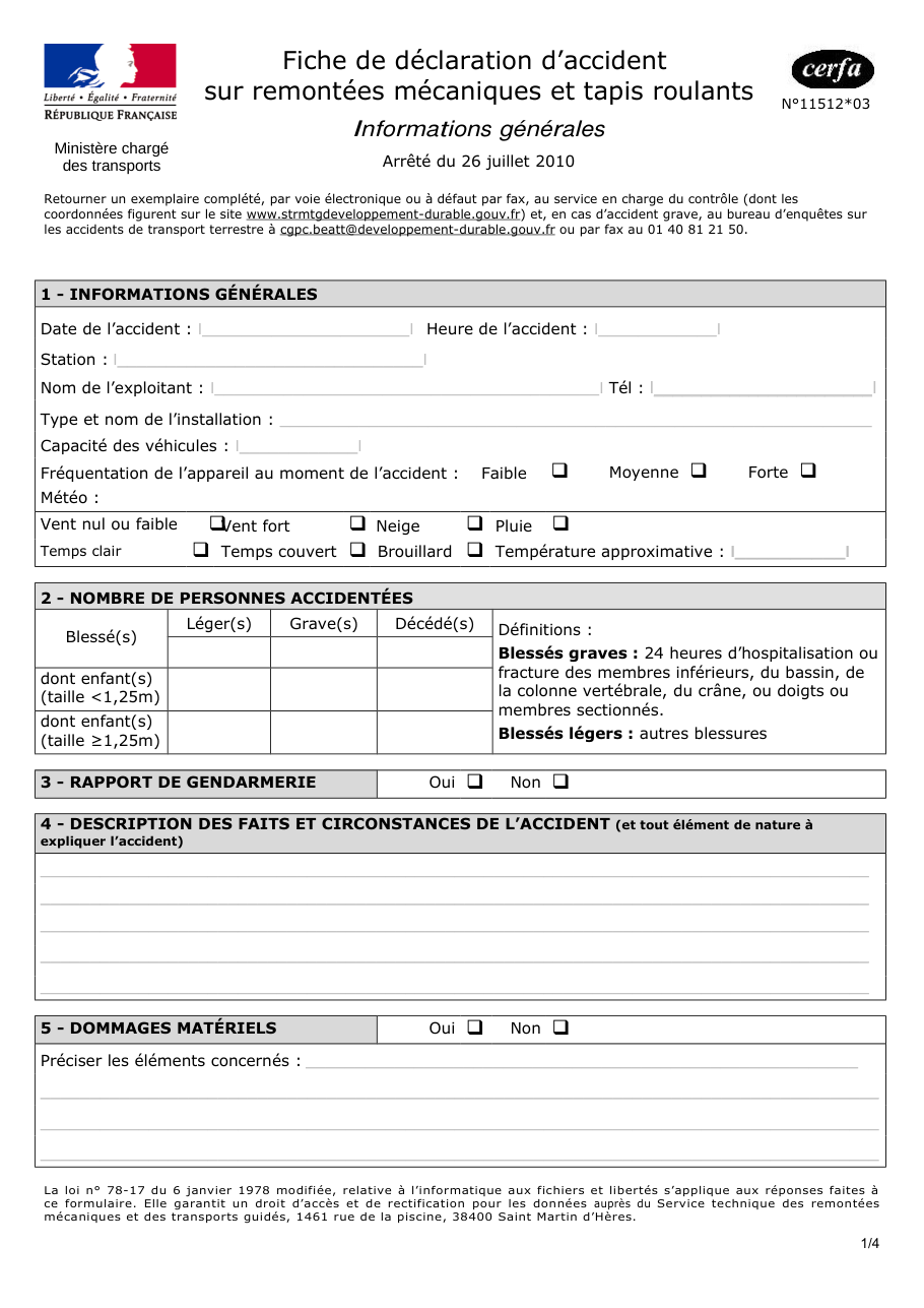 Page 1 du formulaire cerfa 11512 — Fiche de déclaration d'accident sur remontées mécaniques et tapis roulants