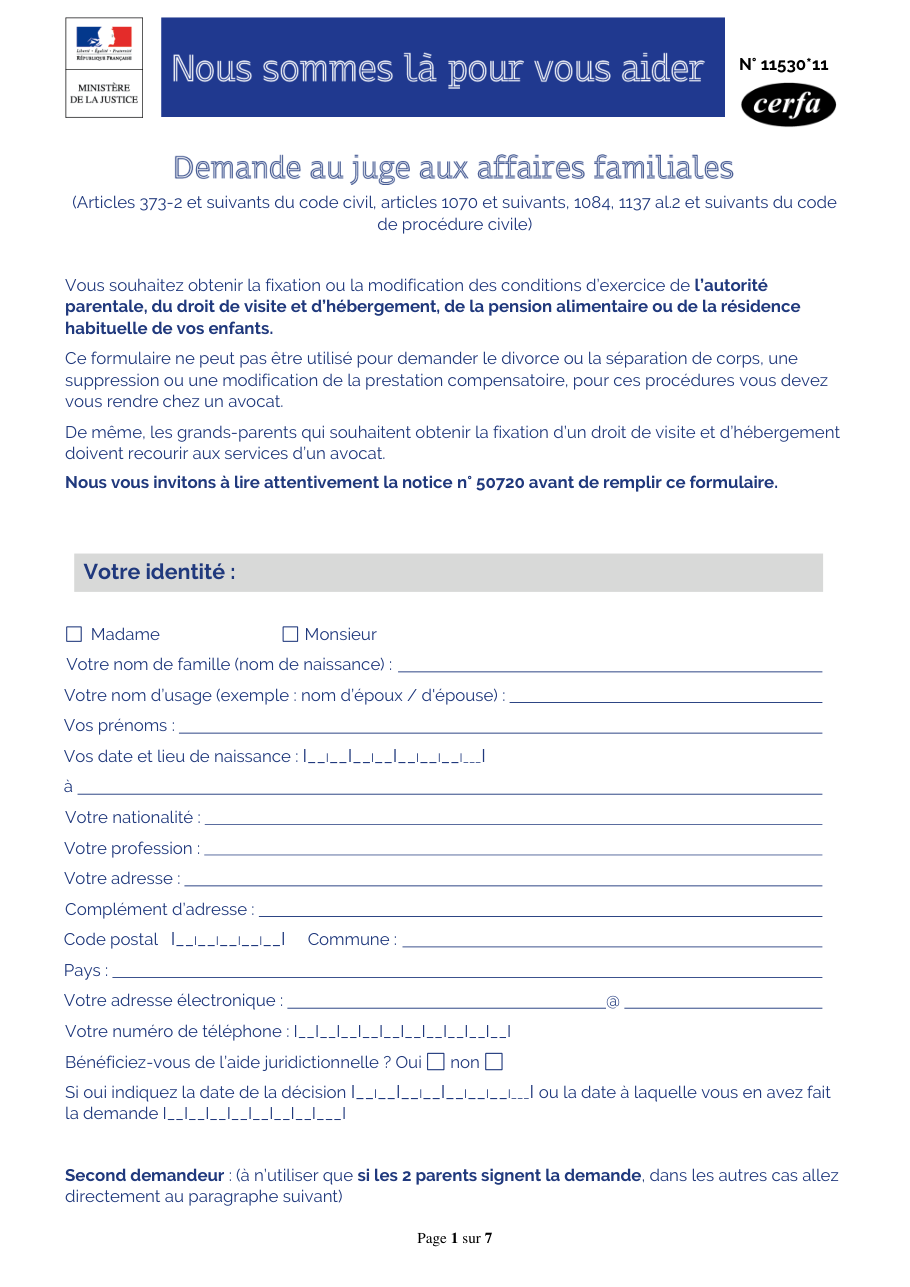 Page 1 du formulaire cerfa 11530 — Demande relative à l'autorité parentale, au droit de visite et d'hébergement