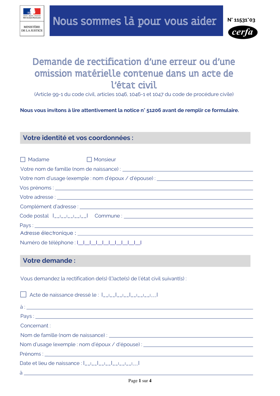 Page 1 du formulaire cerfa 11531 — Rectification d'une erreur ou d'une omission matérielle dans un acte de l'état civil
