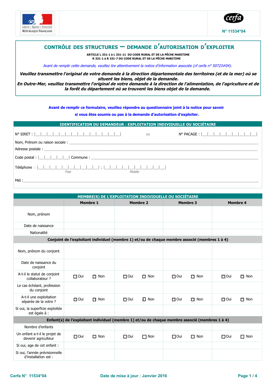 Page 1 du formulaire cerfa 11534 — Demander l'autorisation d'exploiter pour une installation, un agrandissement ou un atelier hors-sol