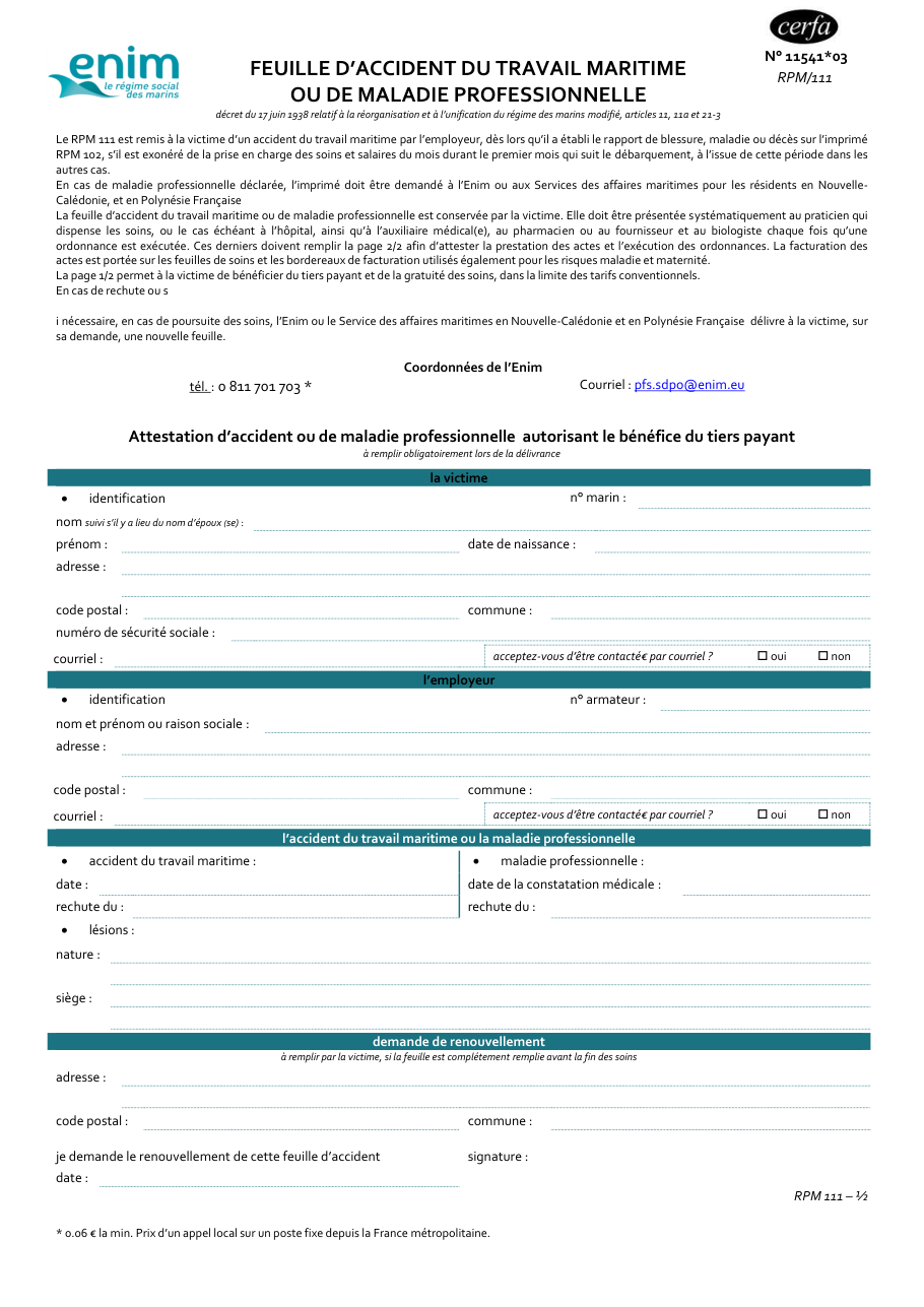 Page 1 du formulaire cerfa 11541 — Feuille pour un accident du travail maritime ou une maladie professionnelle