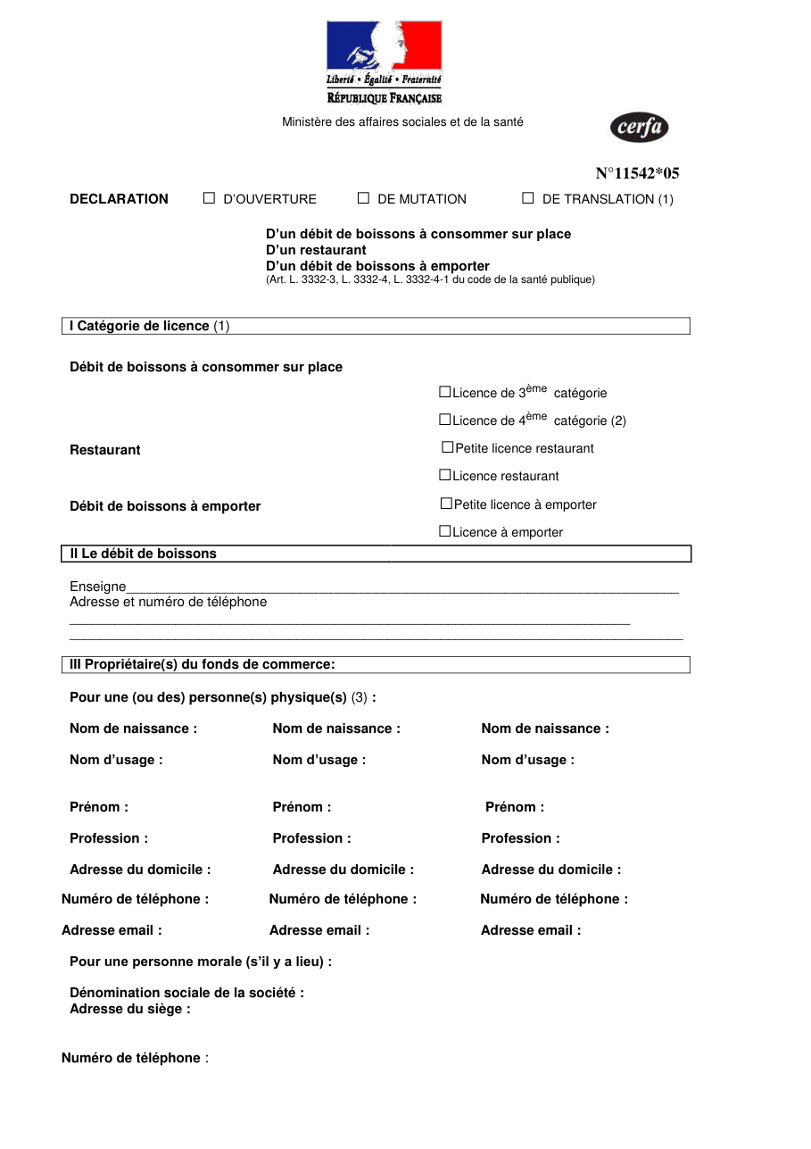 Page 1 du formulaire cerfa 11542 — Déclaration d'ouverture, mutation ou translation d'un débit de boissons