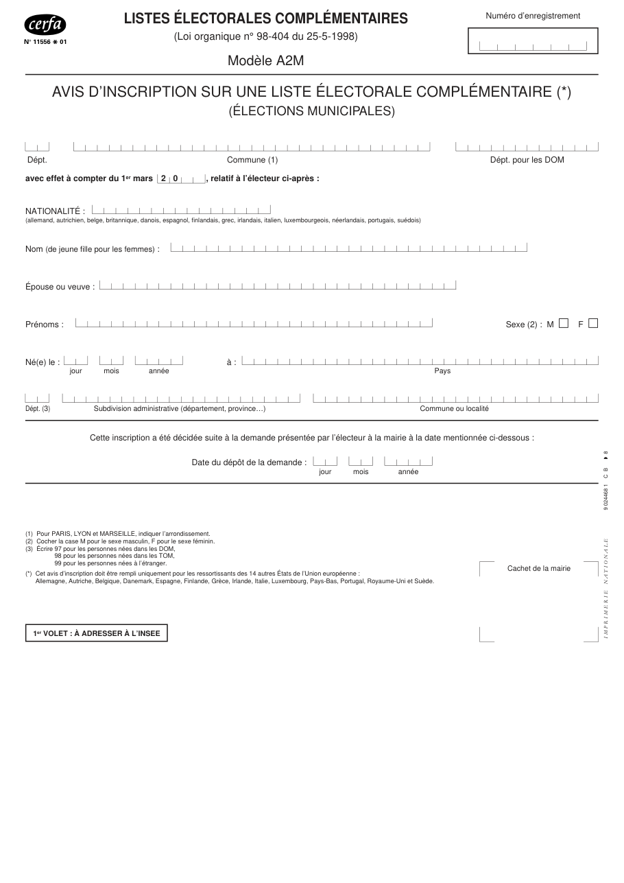 Page 1 du formulaire cerfa 11556 — Avis d'inscription sur une liste électorale complémentaire