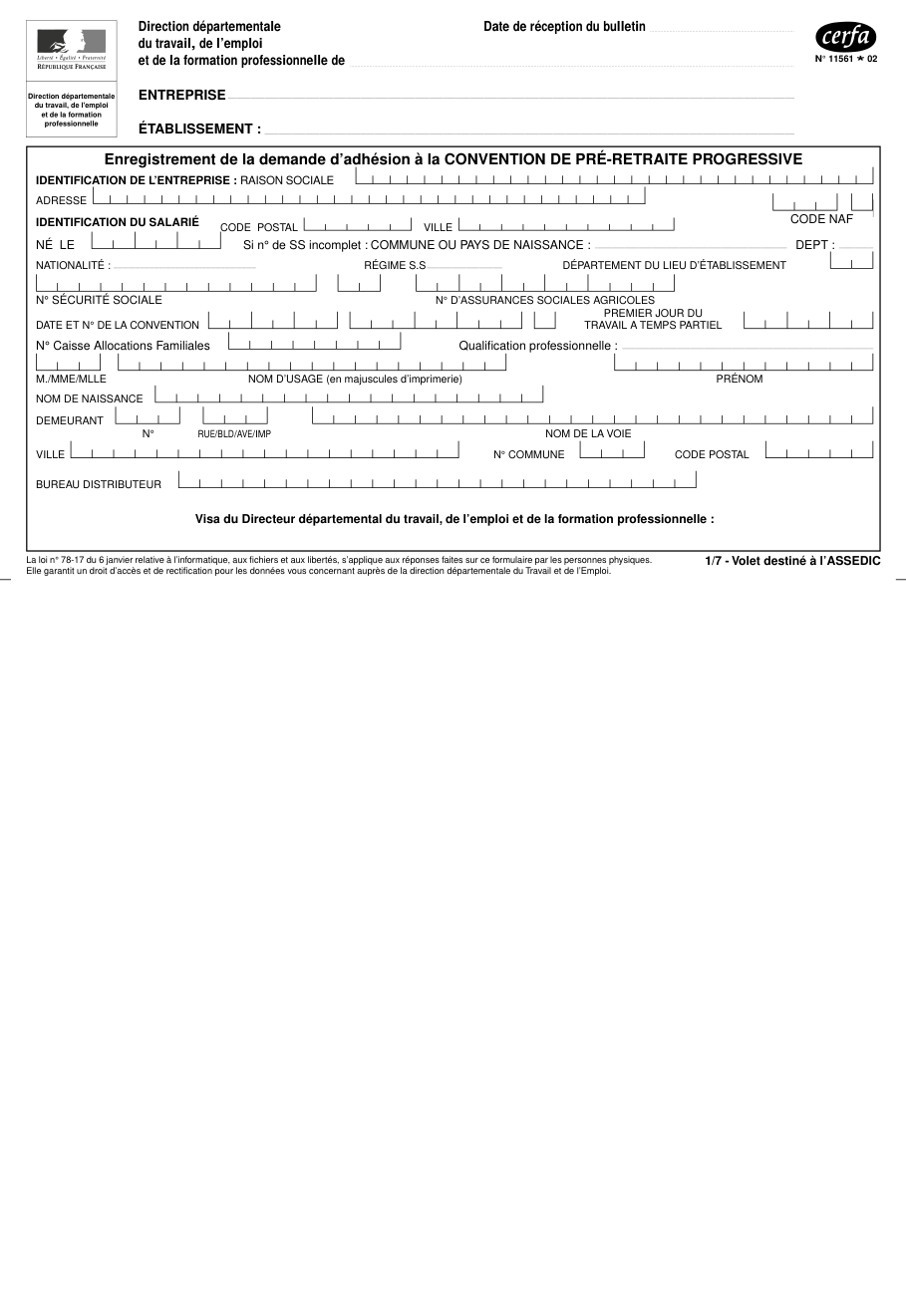 Page 1 du formulaire cerfa 11561 — Enregistrement de la demande d'adhésion à la convention de pré-retraite progressive