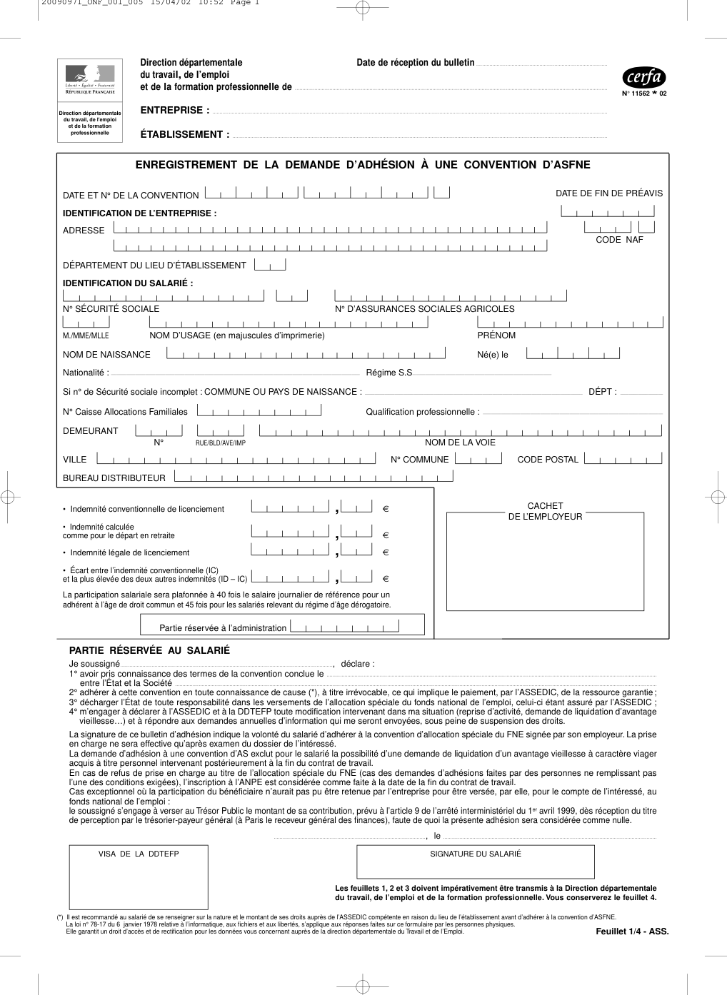 Page 1 du formulaire cerfa 11562 — Enregistrement de la demande d'adhésion à une convention d'ASFNE
