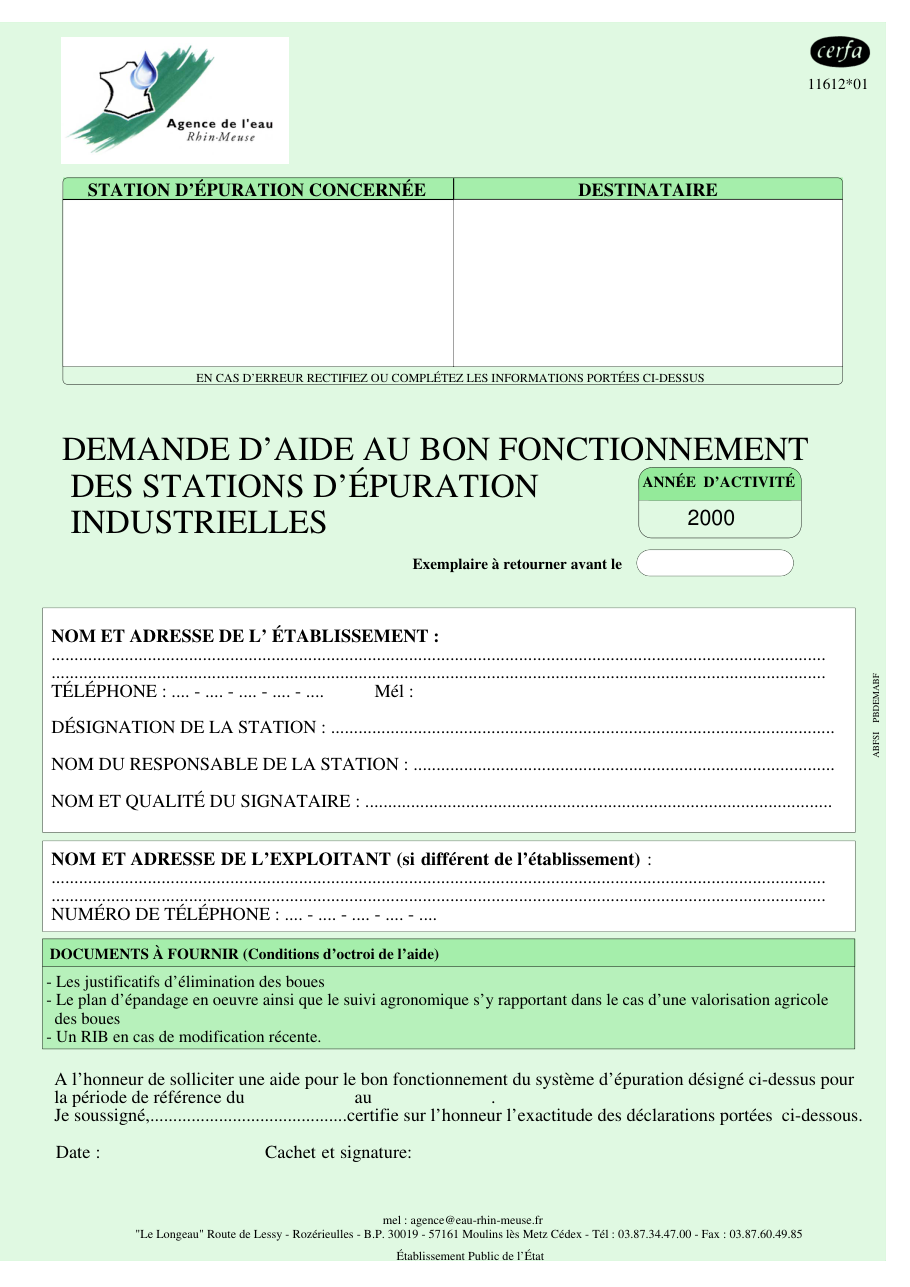 Page 1 du formulaire cerfa 11612 — Demande d'aide au bon fonctionnement des stations d'épuration industrielles