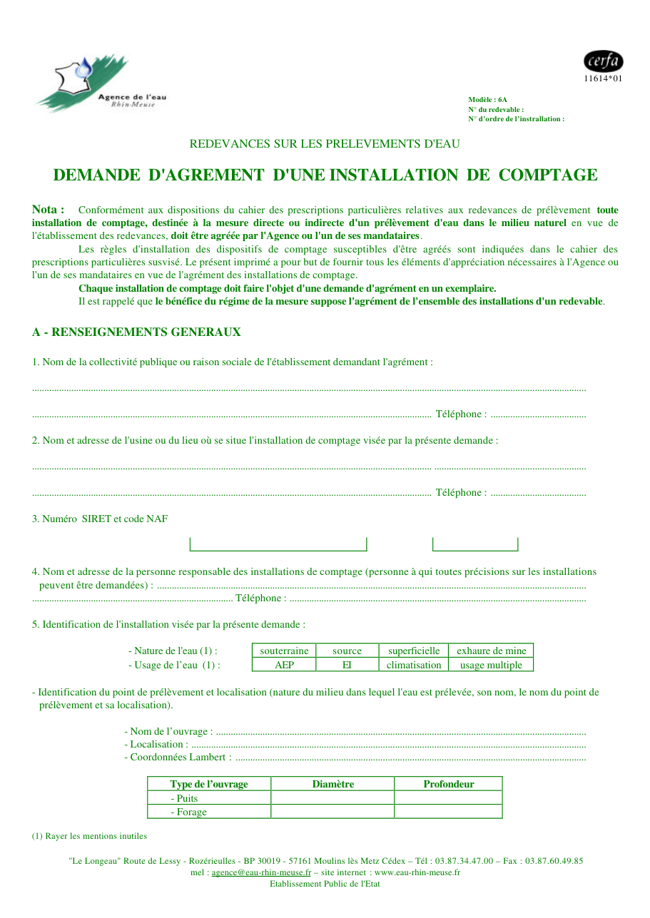Page 1 du formulaire cerfa 11614 — Demande d'agrement d'une installation de comptage
