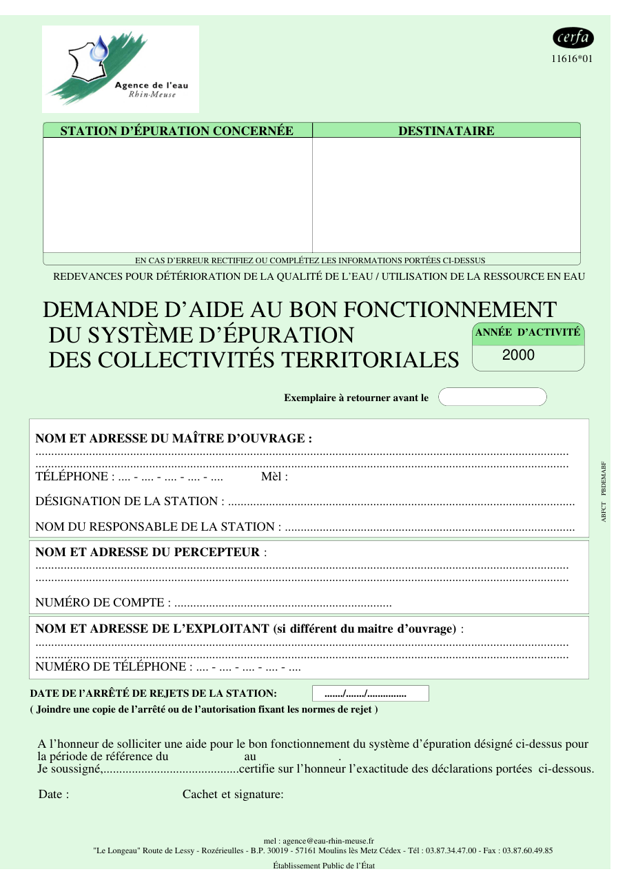 Page 1 du formulaire cerfa 11616 — Demande d'aide au bon fonctionnement du système d'épuration des collectivités territoriales