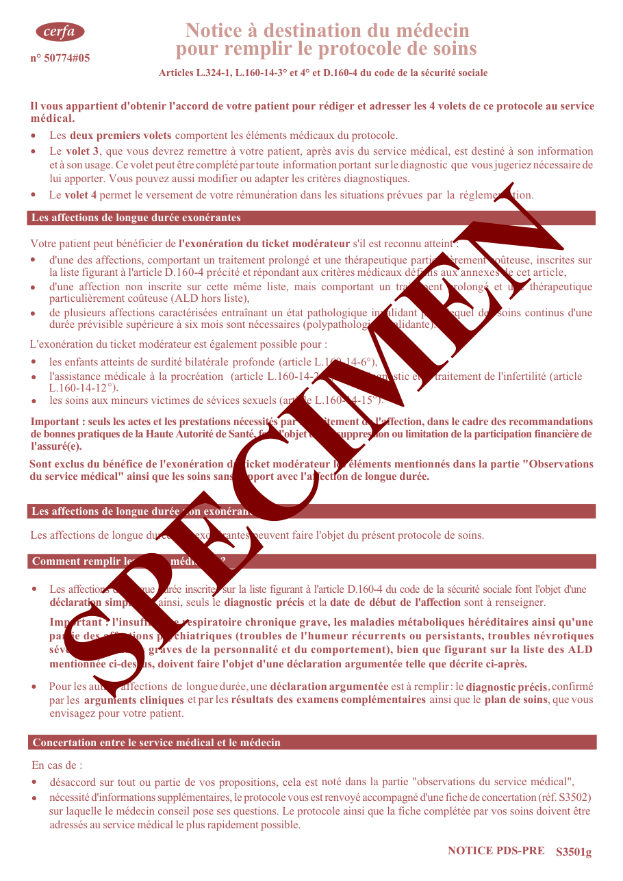 Page 1 du formulaire cerfa 11626 — Protocole de soins pour affection de longue durée