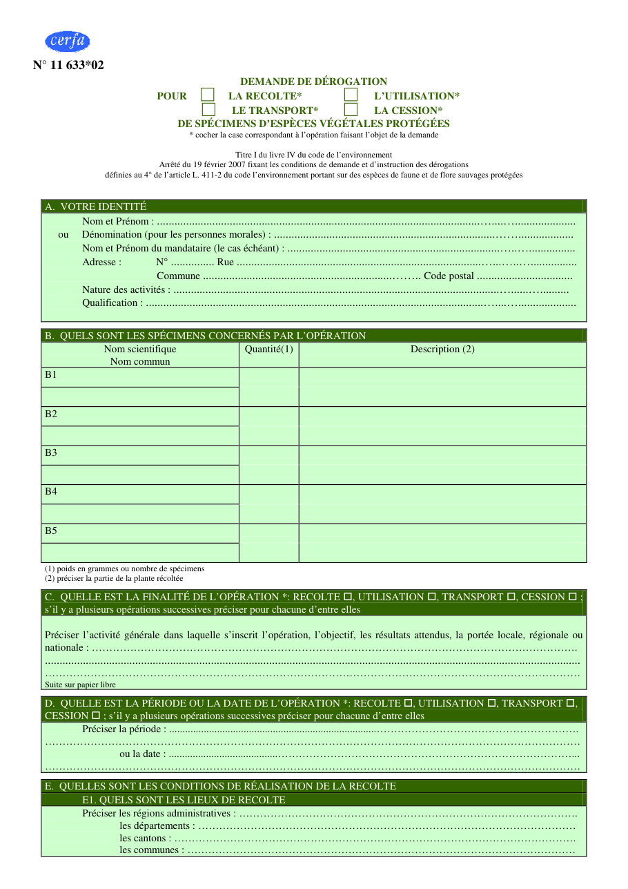 Page 1 du formulaire cerfa 11633 — Demande de dérogation pour la récolte, l'utilisation, le transport ou la cession de spécimens d'espèces végétales protégées