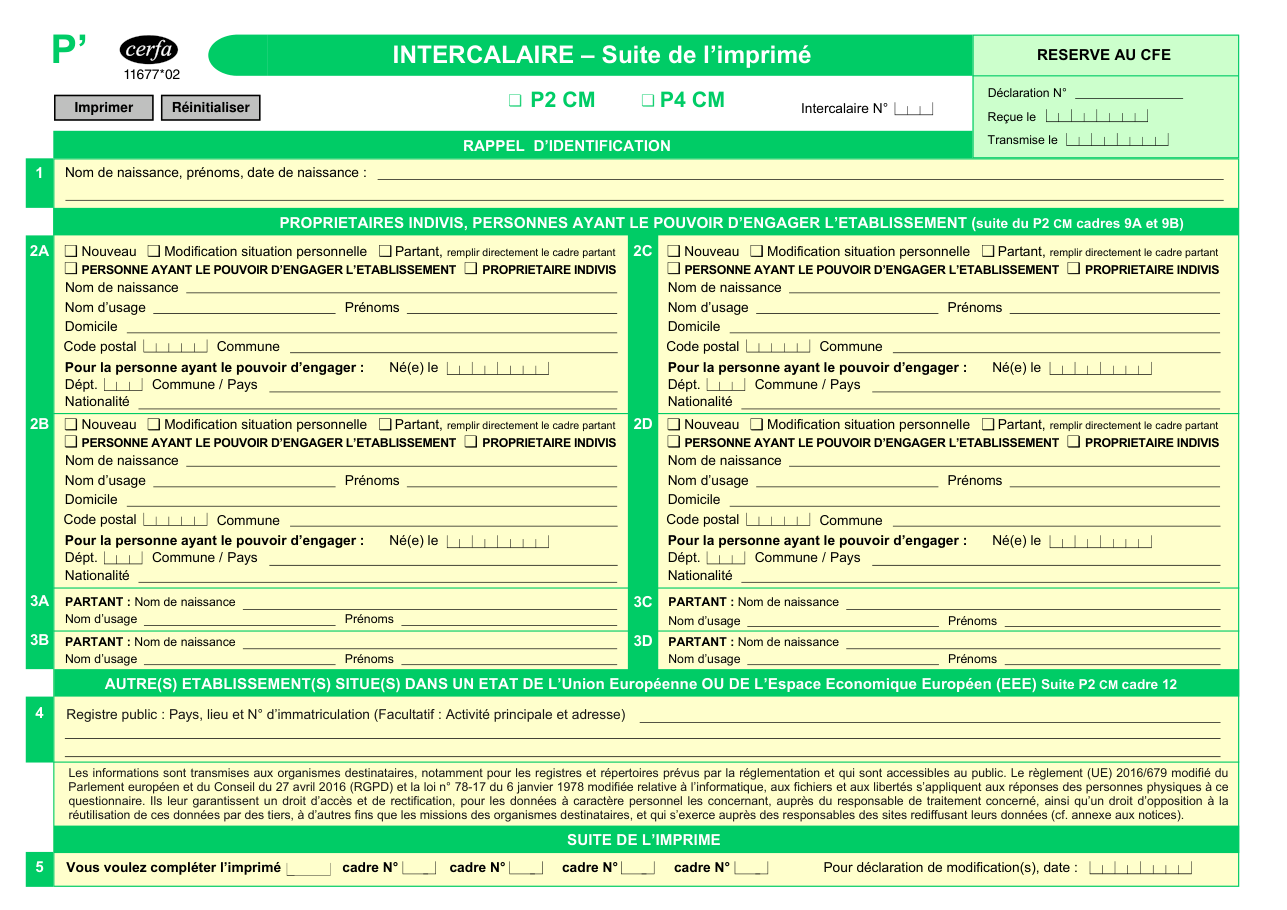 Page 1 du formulaire cerfa 11677 — Intercalaire, suite de l'imprimé