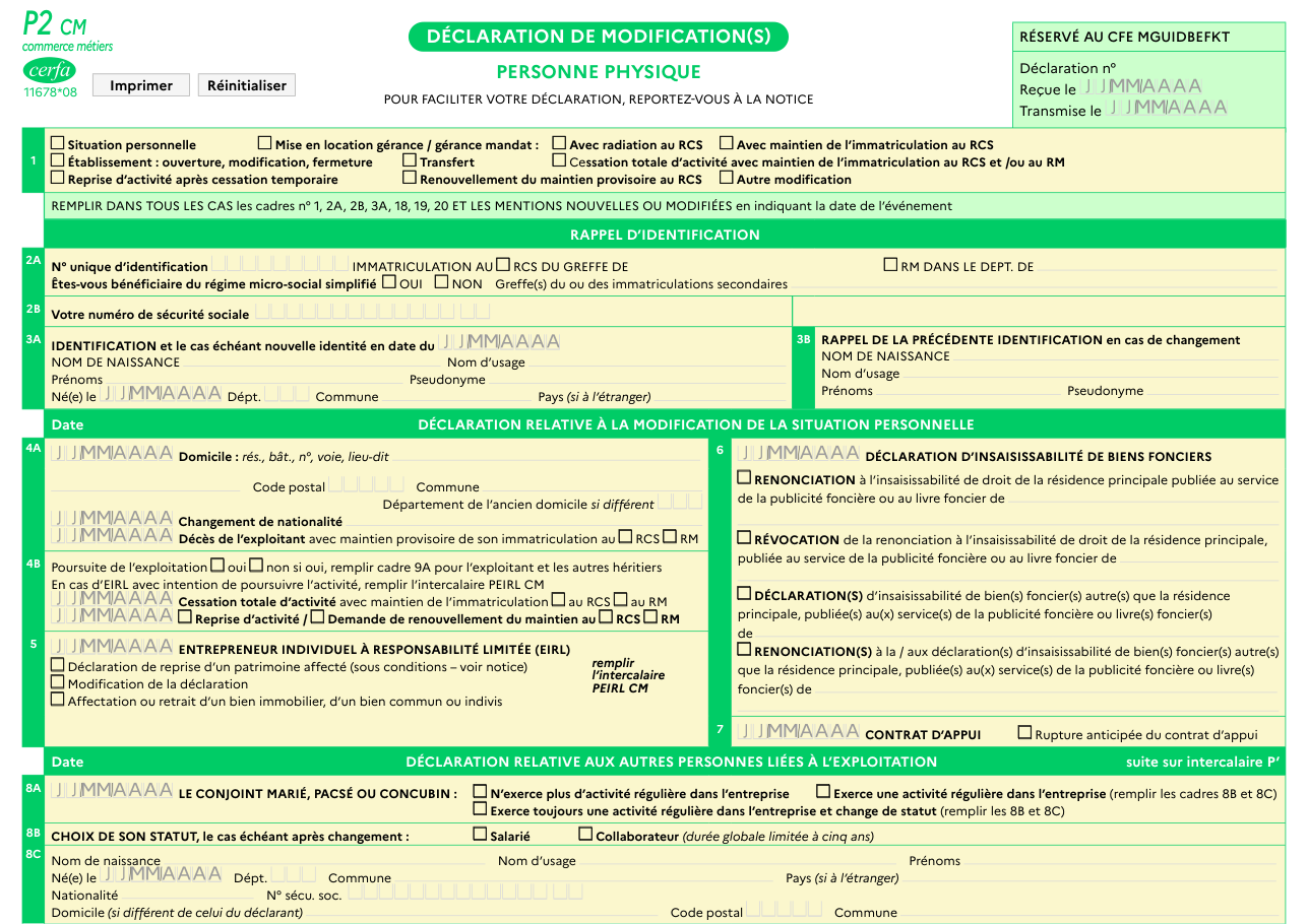 Page 1 du formulaire cerfa 11678 — Déclaration de modification(s) personne physique
