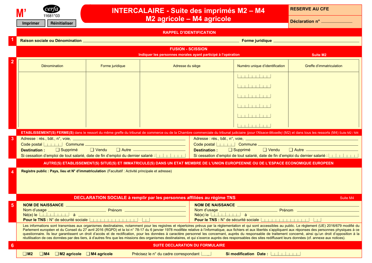 Page 1 du formulaire cerfa 11681 — Intercalaire - Suite des imprimés M2 – M4, M2 agricole – M4 agricole