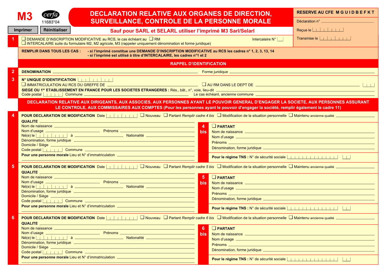 Page 1 du formulaire cerfa 11683 — Déclaration des organes de direction et de surveillance d'une personne morale