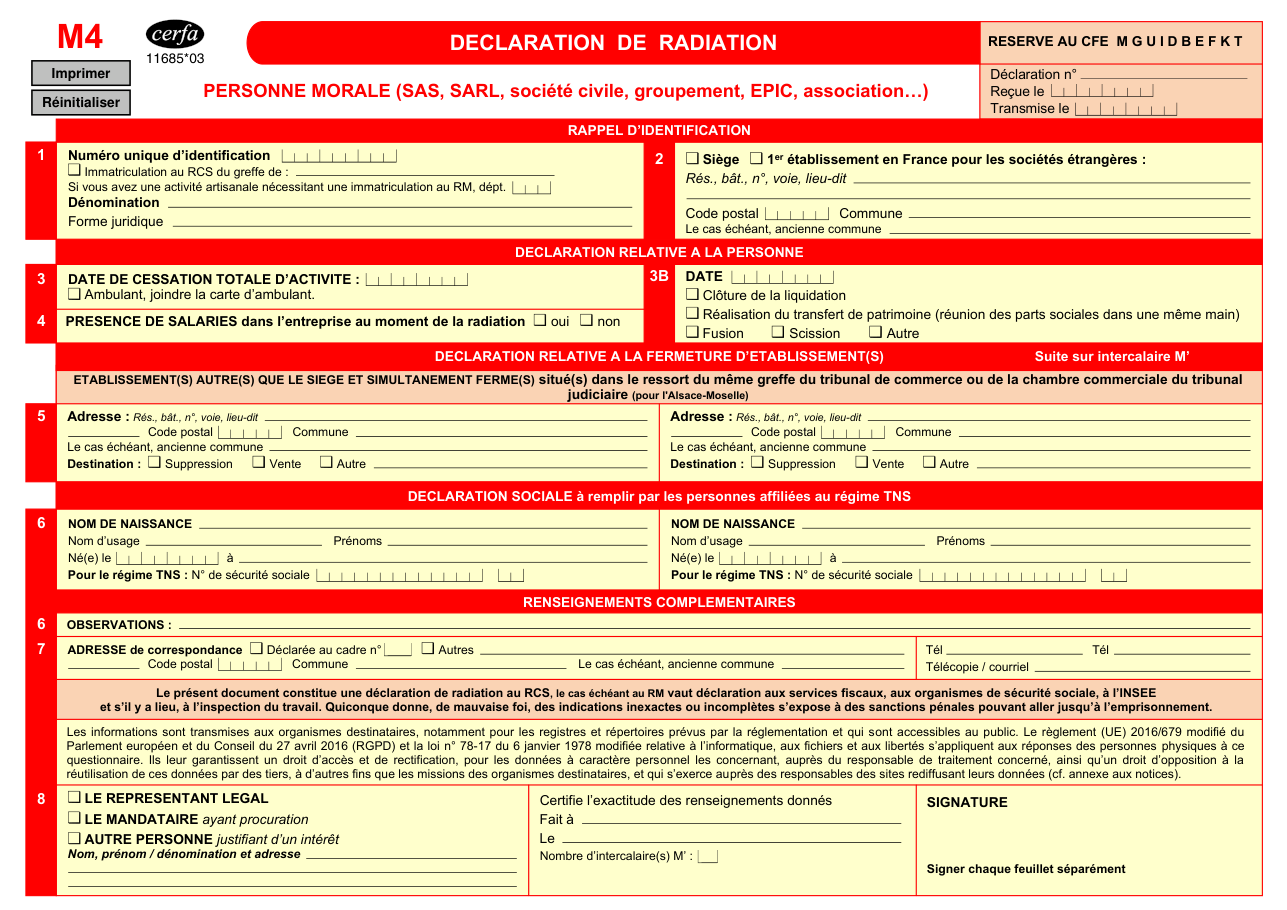 Page 1 du formulaire cerfa 11685 — Déclaration de radiation au registre du commerce et des sociétés (RCS)