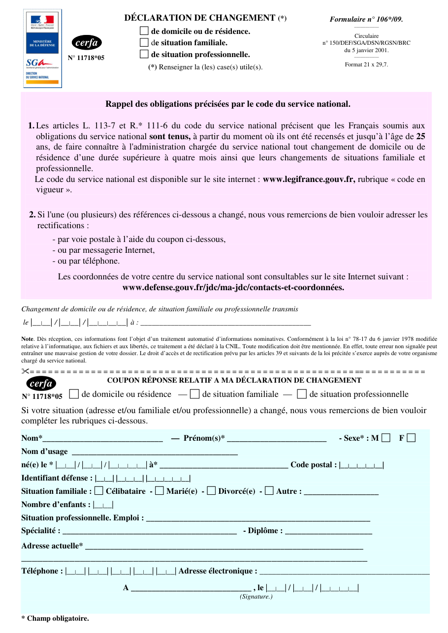 Page 1 du formulaire cerfa 11718 — Déclaration de changement de situation (service national)