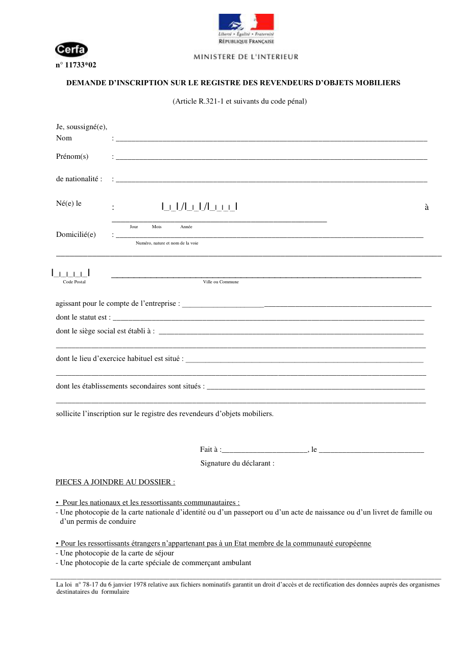 Page 1 du formulaire cerfa 11733 — Demande d'inscription sur le registre des revendeurs d'objets mobiliers