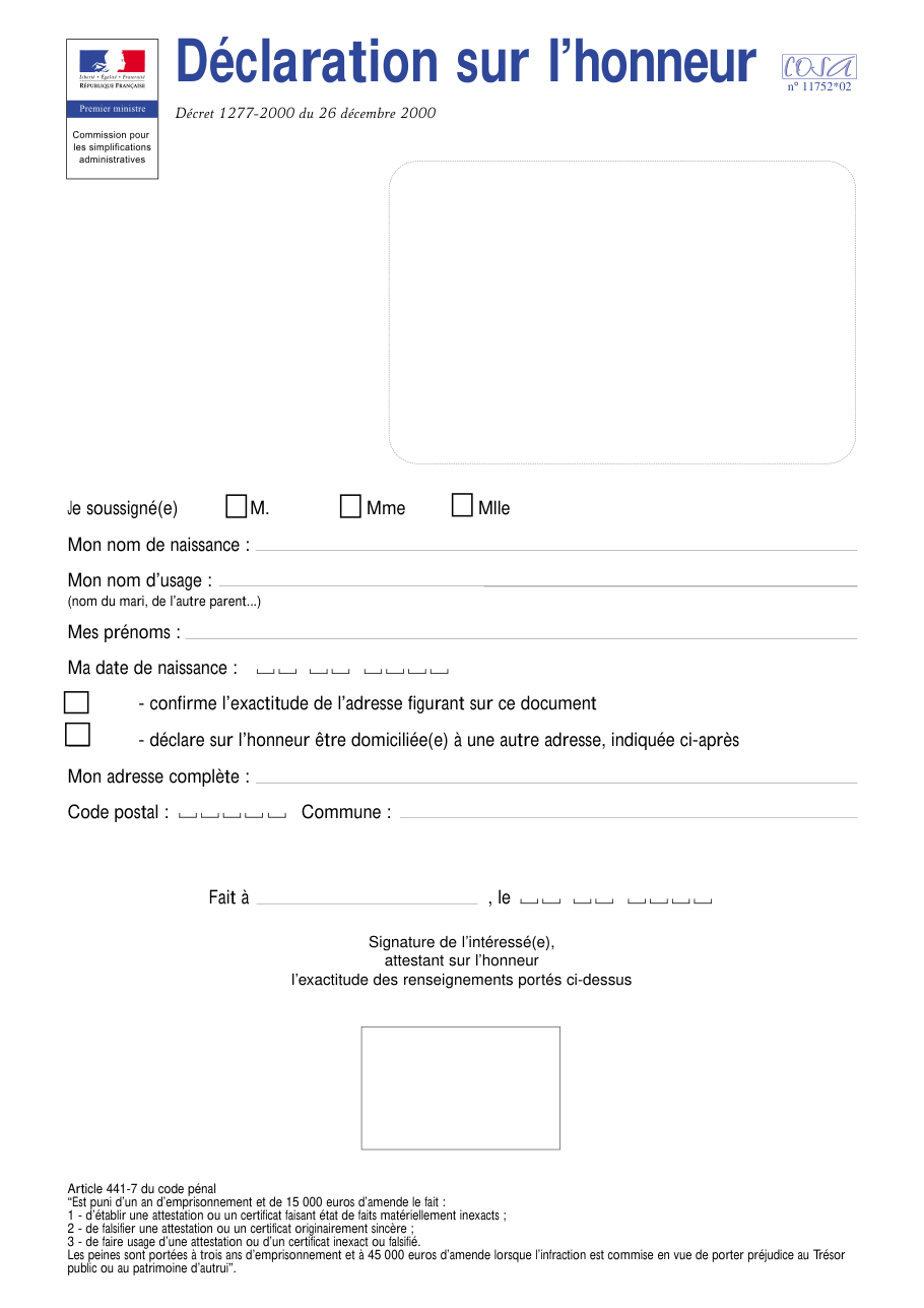 Page 1 du formulaire cerfa 11752 — Déclaration sur l’honneur