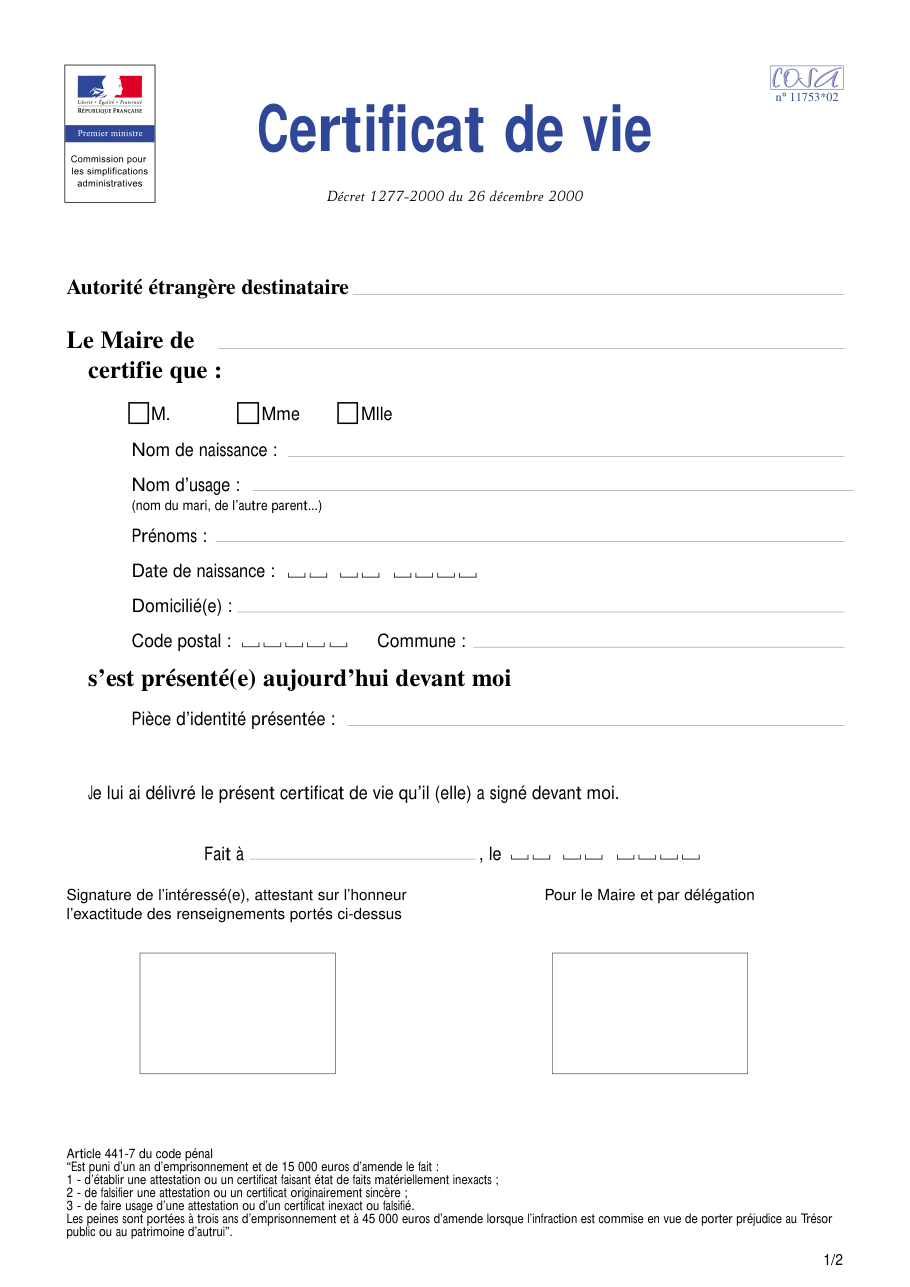 Page 1 du formulaire cerfa 11753 — Certificat de vie destiné à une autorité étrangère