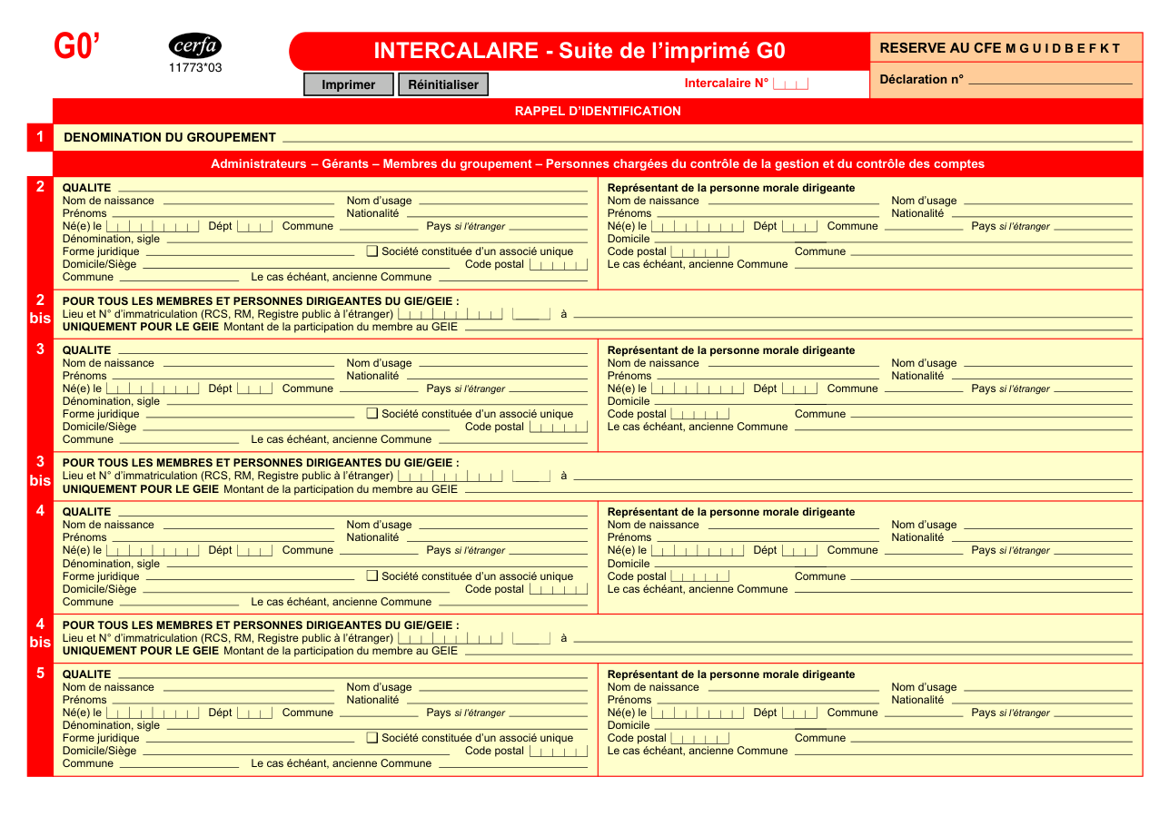 Page 1 du formulaire cerfa 11773 — Intercalaire pour compléter l’imprimé G0 d’un GIE ou d’un GEIE