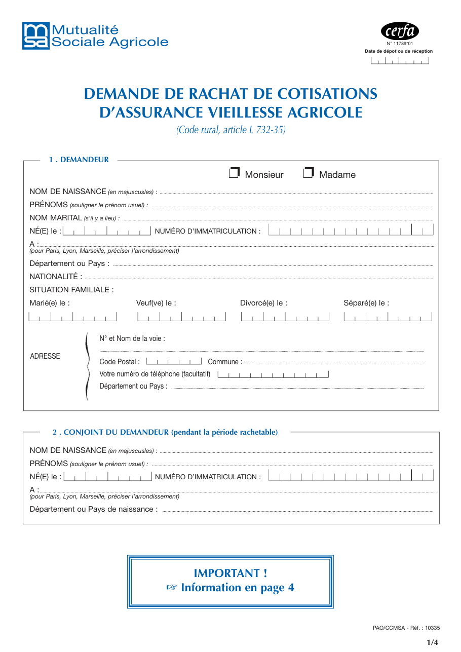 Page 1 du formulaire cerfa 11789 — Demande de rachat de cotisations d’assurance vieillesse agricole