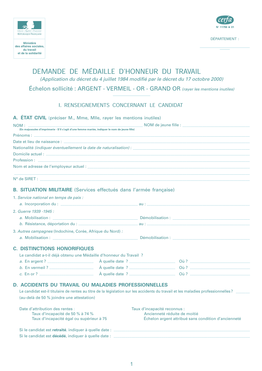 Page 1 du formulaire cerfa 11796 — Demande de médaille d'honneur du travail