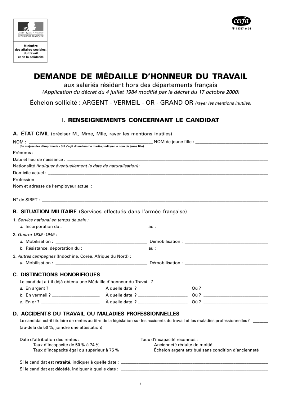 Page 1 du formulaire cerfa 11797 — Demande de médaille d'honneur du travail