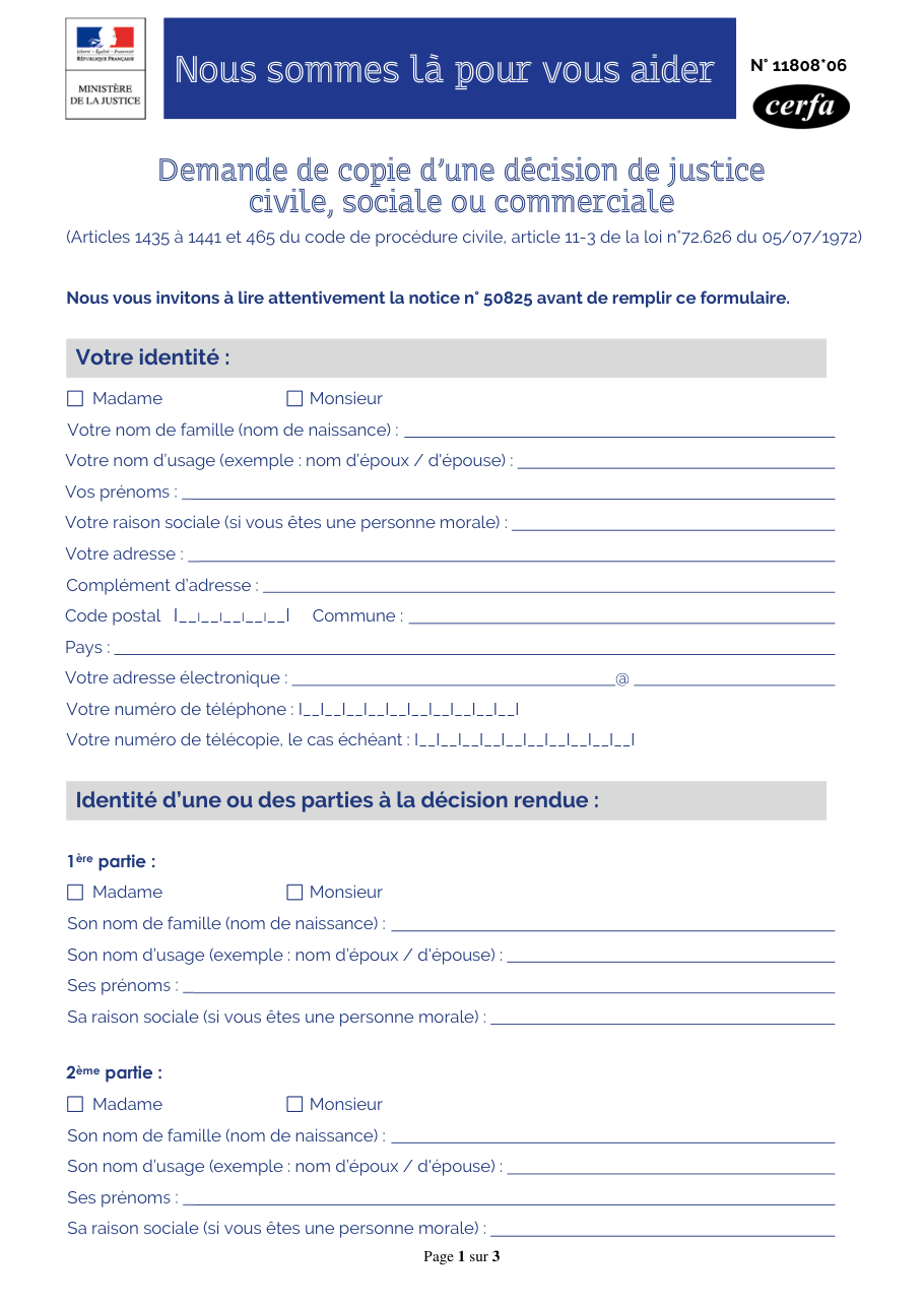 Page 1 du formulaire cerfa 11808 — Demande de copie d'une décision de justice civile, sociale ou commerciale