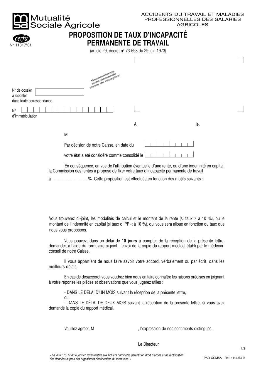 Page 1 du formulaire cerfa 11817 — Proposition de taux d’incapacité permanente de travail