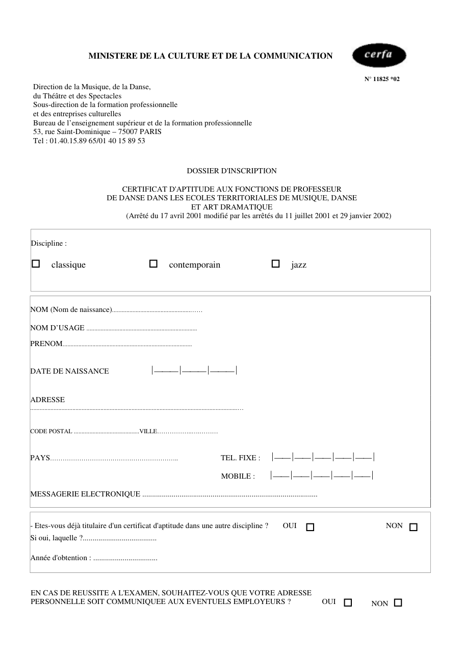 Page 1 du formulaire cerfa 11825 — Certificat d'aptitude aux fonctions de professeur de danse dans les écoles territoriales