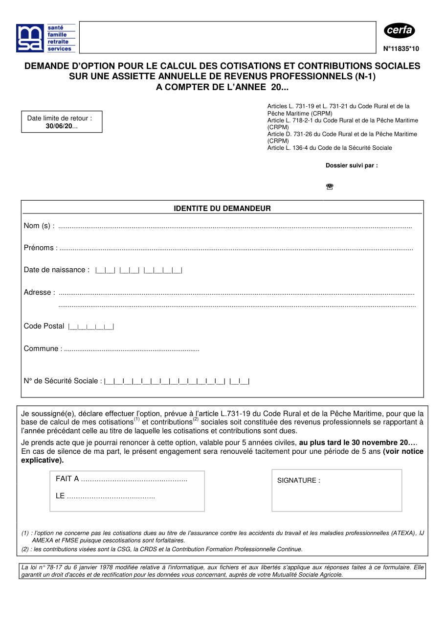 Page 1 du formulaire cerfa 11835 — Demande d'option pour le calcul des cotisations et contributions sociales sur une assiette annuelle de revenus