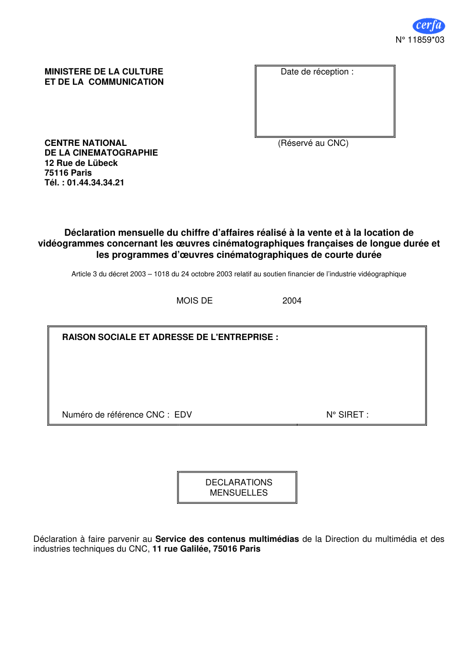 Page 1 du formulaire cerfa 11859 — Déclaration mensuelle du chiffre d’affaires réalisé à la vente et à la location de vidéogrammes