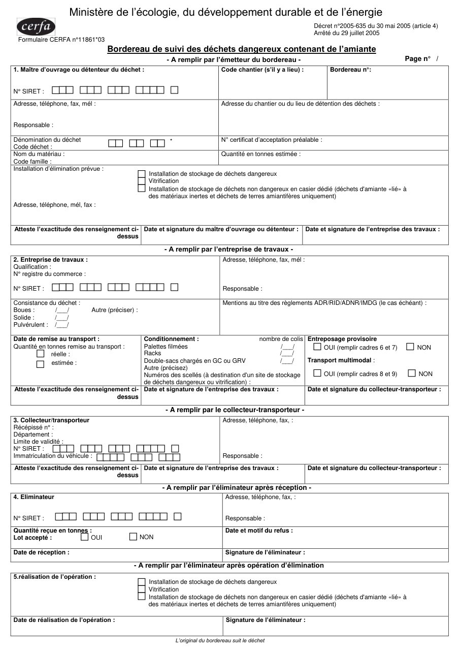Page 1 du formulaire cerfa 11861 — Bordereau de suivi des déchets dangereux contenant de l'amiante