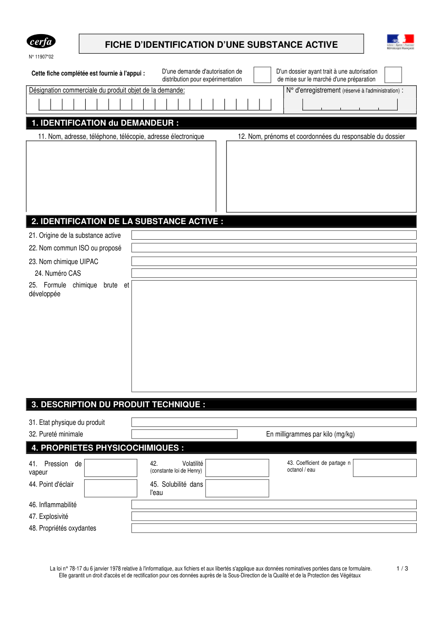 Page 1 du formulaire cerfa 11907 — Fiche d’identification d’une substance active