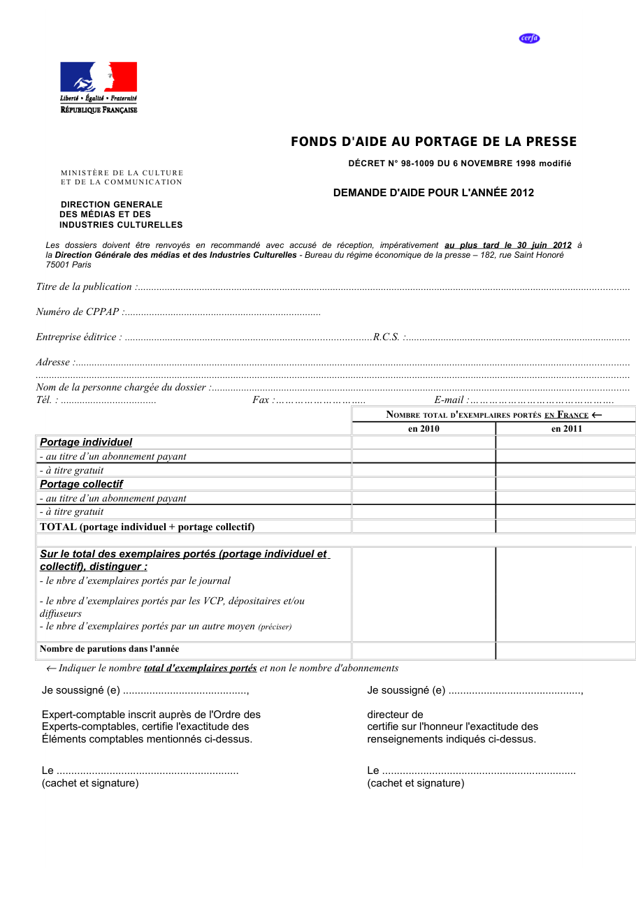 Page 1 du formulaire cerfa 11918 — Fonds d'aide au portage de la presse
