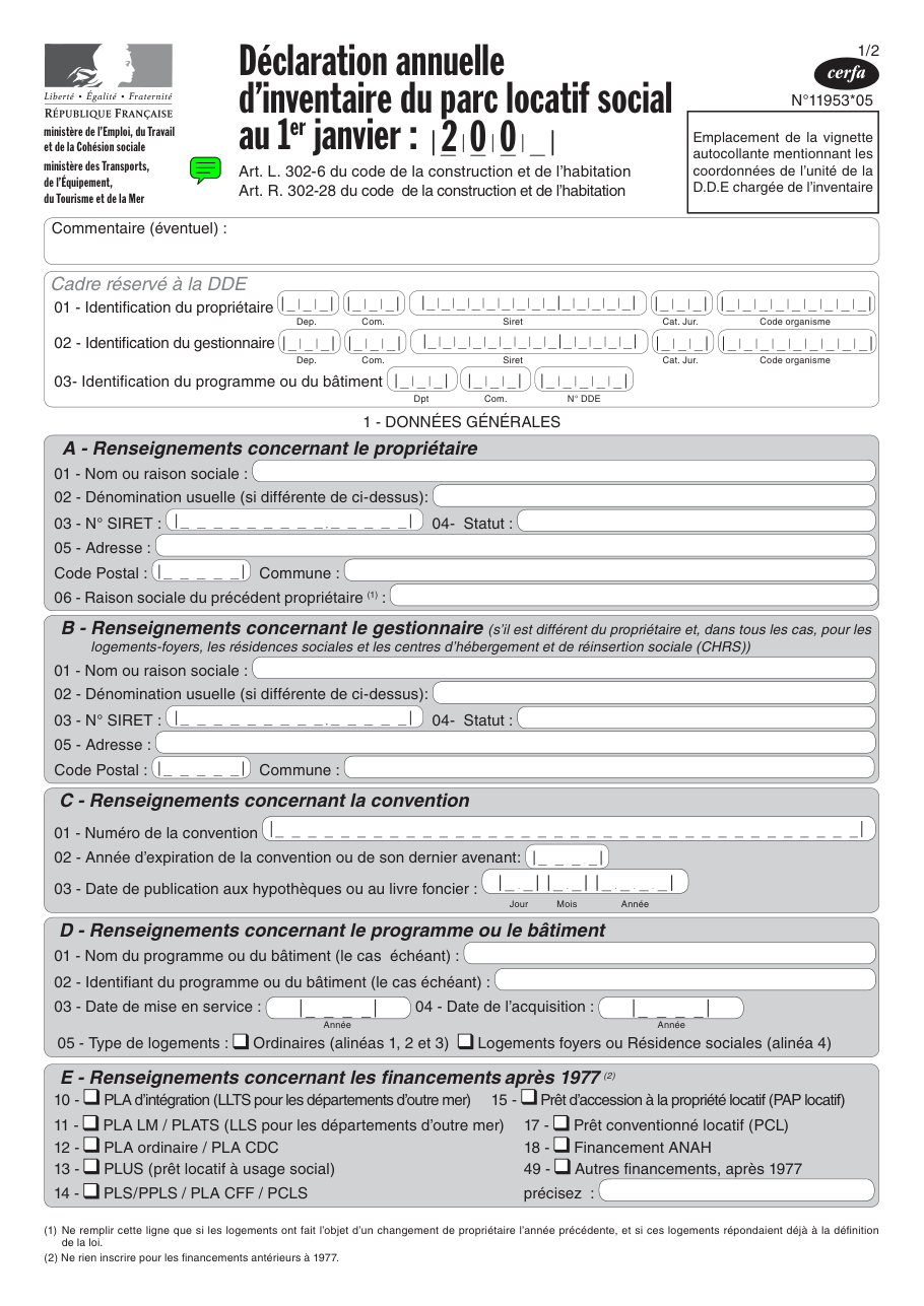 Page 1 du formulaire cerfa 11953 — Déclaration annuelle d’inventaire du parc locatif social