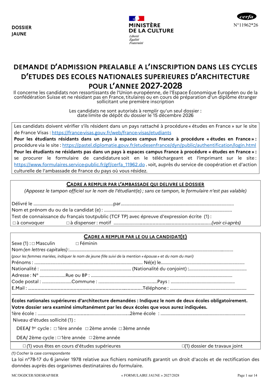 Page 1 du formulaire cerfa 11962 — Dossier jaune – demande d'admission préalable à l'inscription dans les écoles nationales