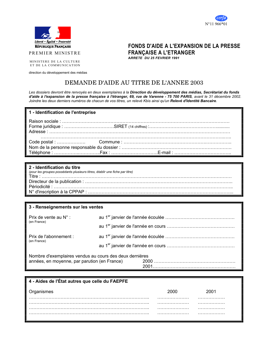 Page 1 du formulaire cerfa 11966 — Fonds d'aide à l'expansion de la presse française à l'étranger, demande d'aide au titre