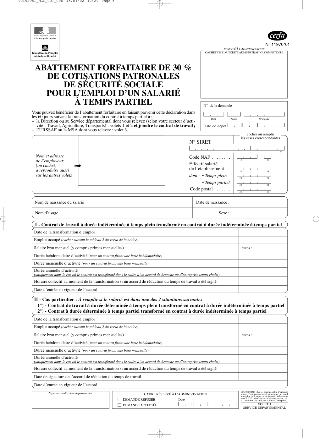 Page 1 du formulaire cerfa 11970 — Abattement forfaitaire de 30 % de cotisations patronales de sécurité sociale pour l'emploi d'un salarié