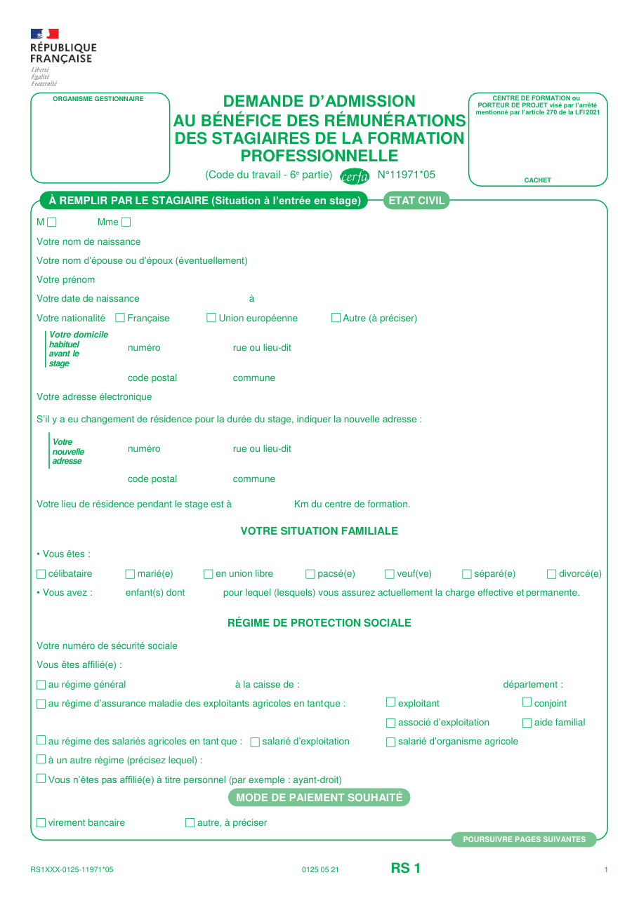 Page 1 du formulaire cerfa 11971 — Demander la rémunération d’un stage de formation professionnelle