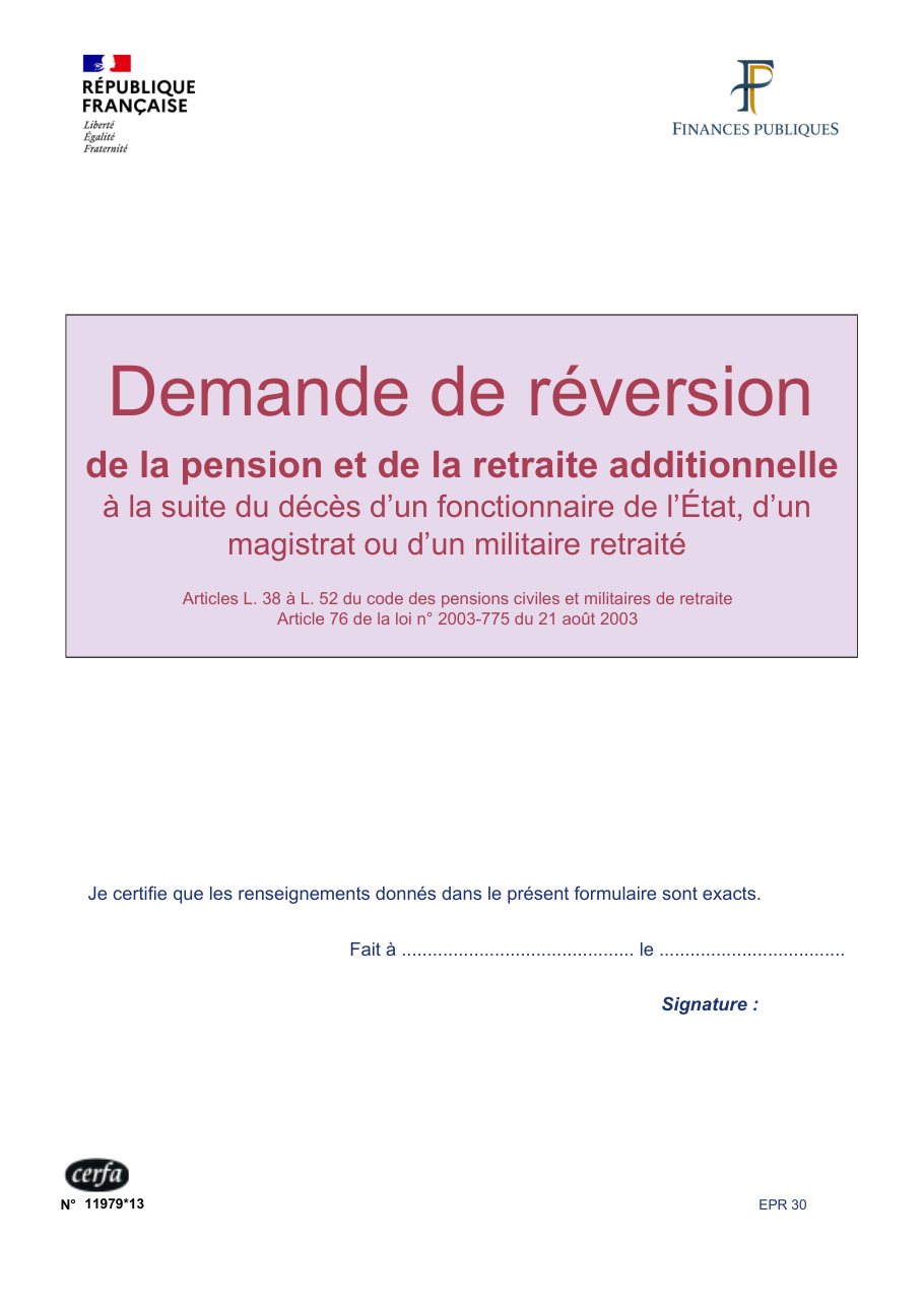 Page 1 du formulaire cerfa 11979 — Demande de réversion de la pension et retraite additionnelle d'un fonctionnaire retraité