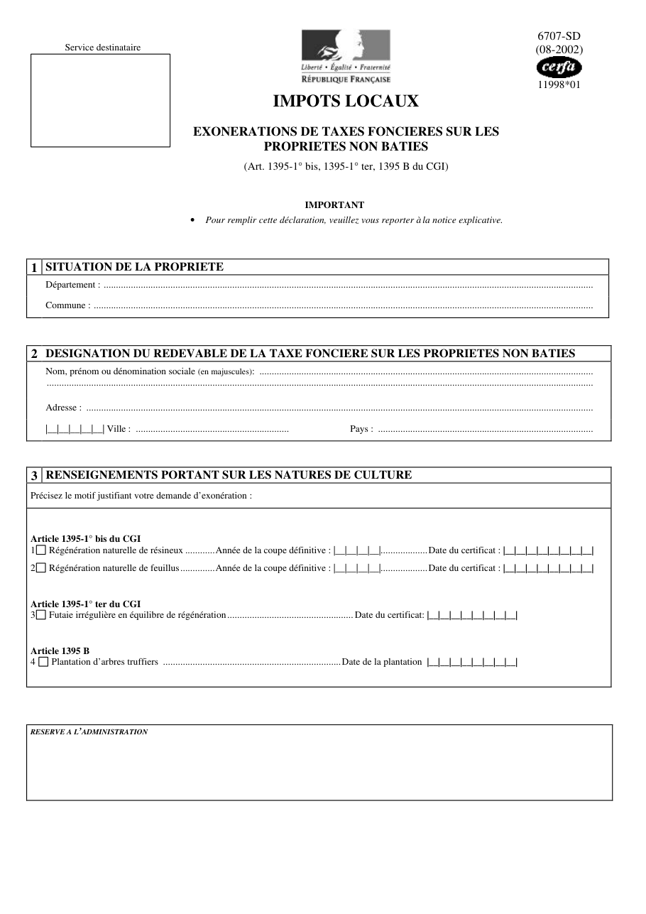 Page 1 du formulaire cerfa 11998 — Exonérations de taxes foncières sur les propriétés non bâties