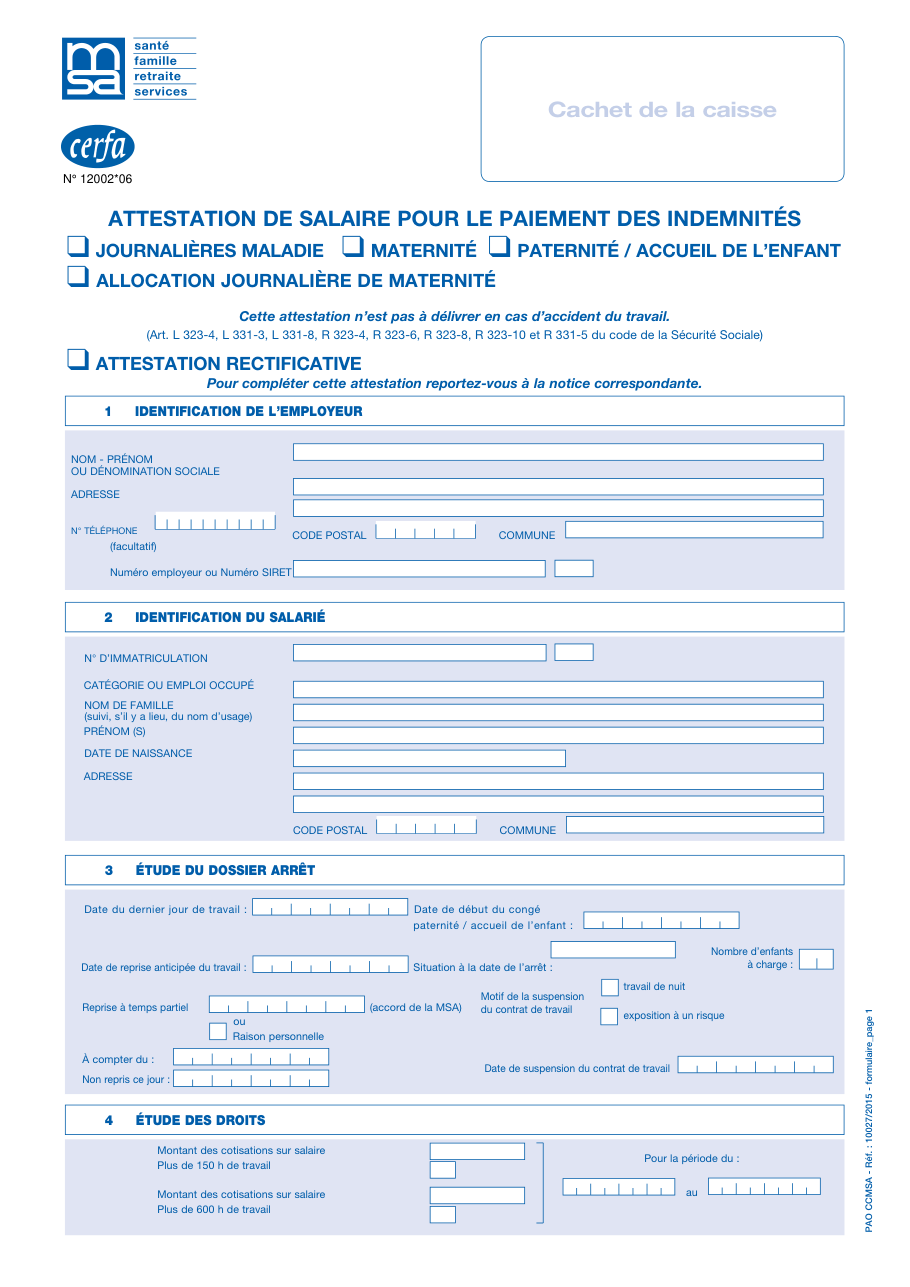 Page 1 du formulaire cerfa 12002 — Attestation de salaire pour le paiement des indemnités journalières