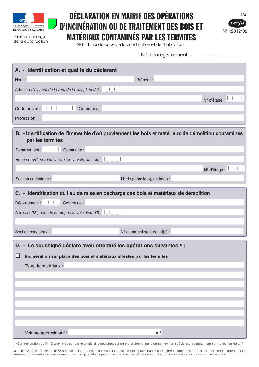 Page 1 du formulaire cerfa 12012 — Déclaration en mairie des opérations d'incinération ou de traitement des bois et matériaux contaminés