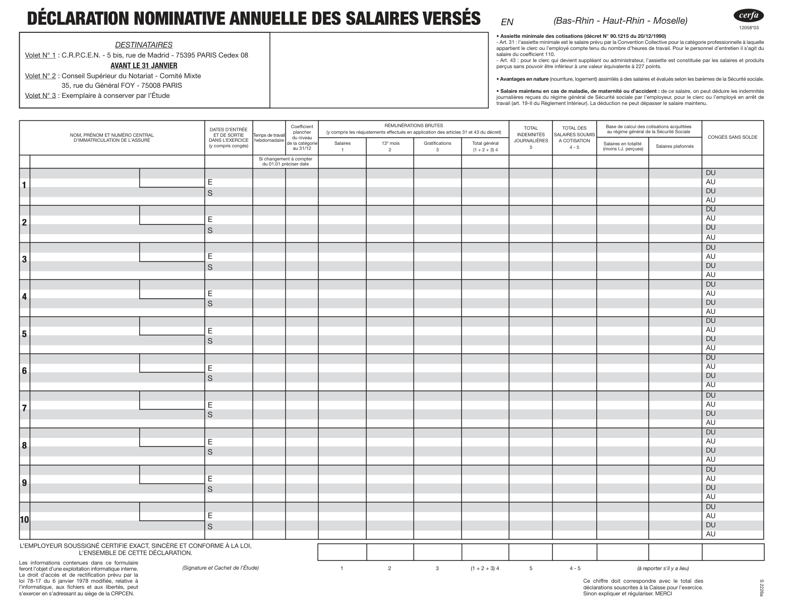 Page 1 du formulaire cerfa 12058 — Déclaration nominative annuelle des salaires versés