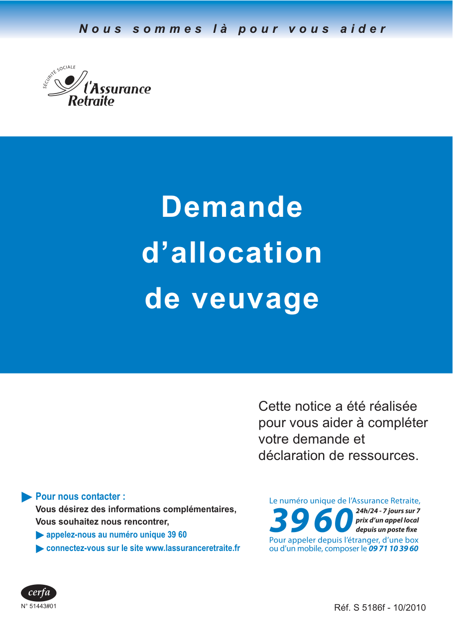 Page 1 du formulaire cerfa 12098 — Demande d'allocation de veuvage