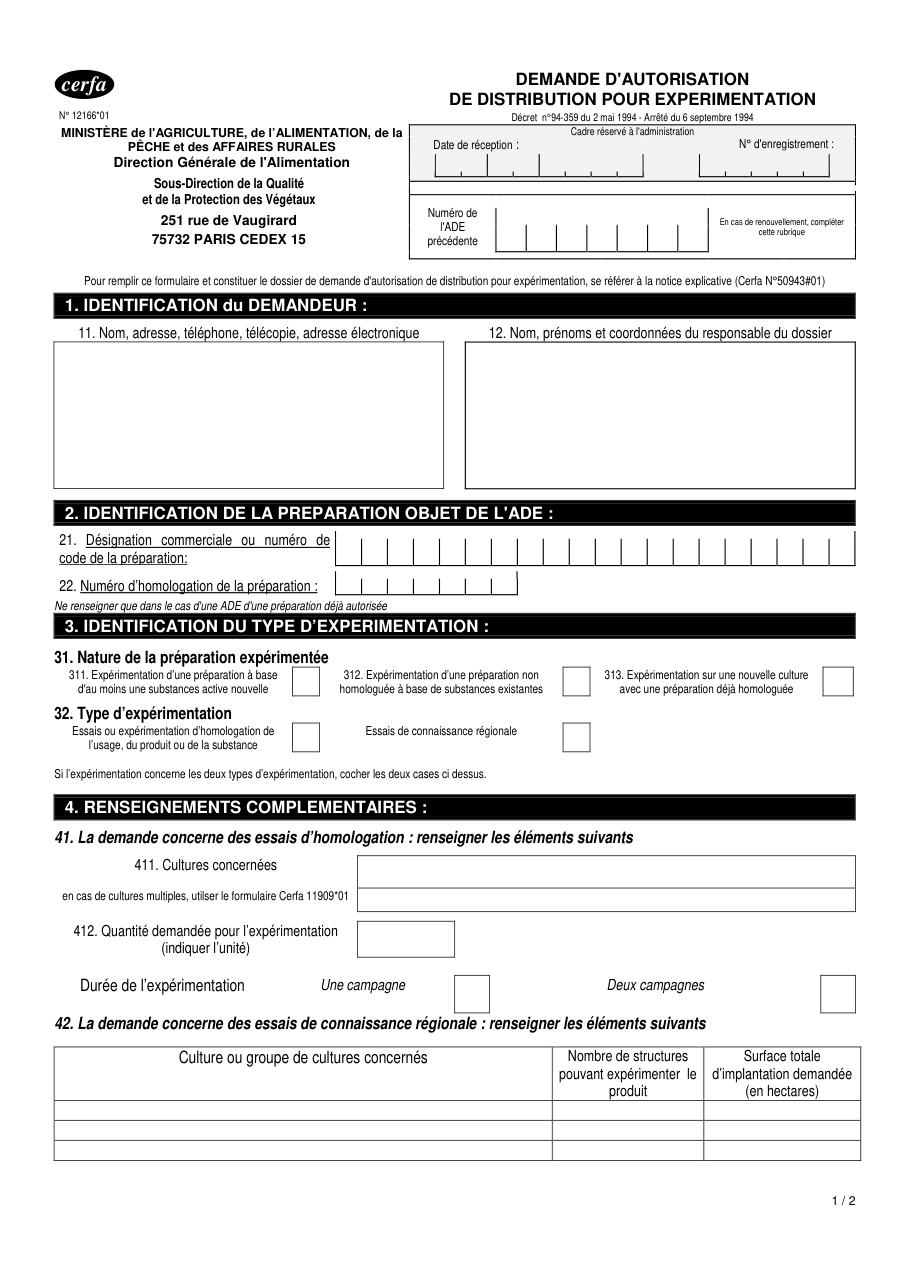 Page 1 du formulaire cerfa 12166 — Demander l'autorisation de distribuer une préparation pour l'expérimenter sur des cultures